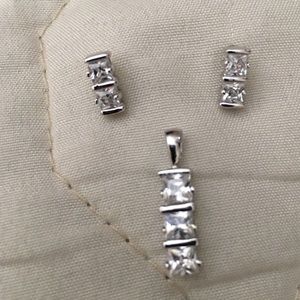 Sterling Silver Princess Cut CZ pendant & earrings